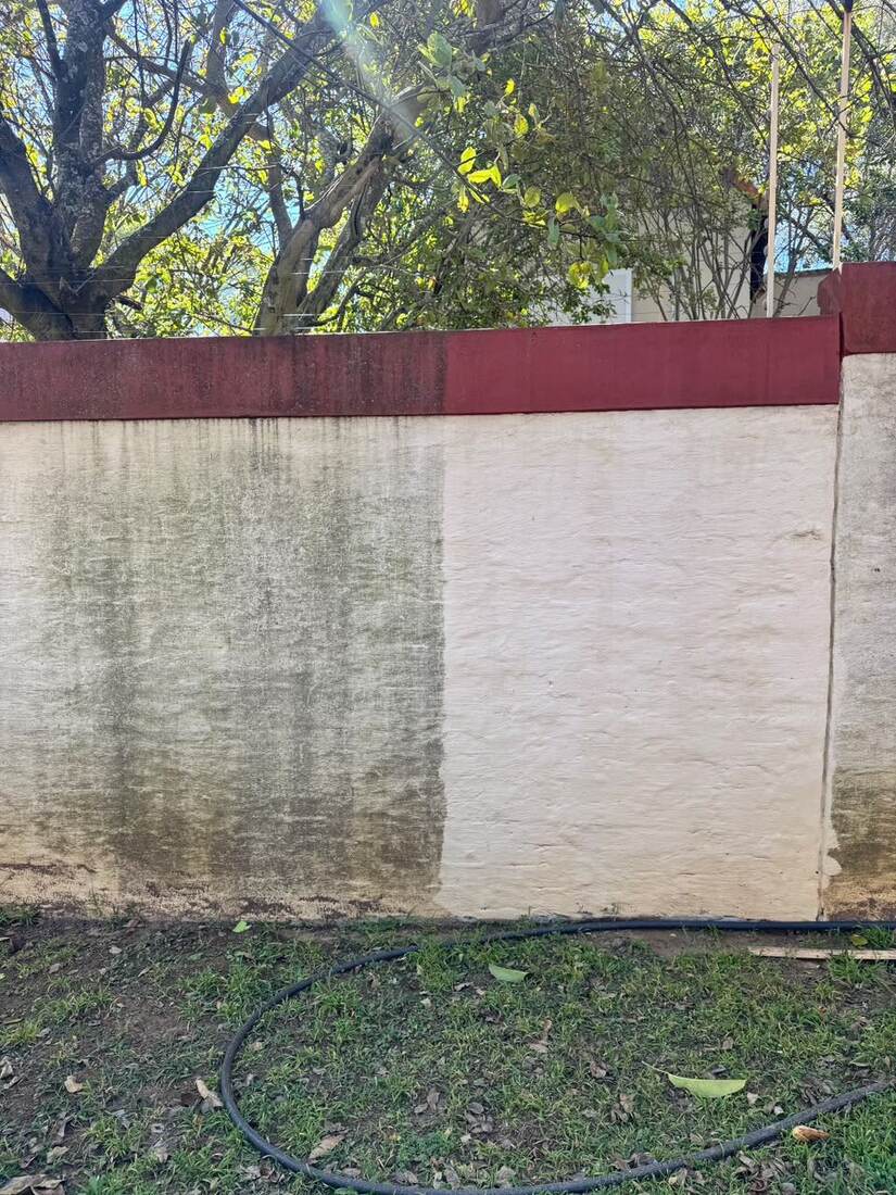 Boundary wall before and after cleaning, removing green algae staining