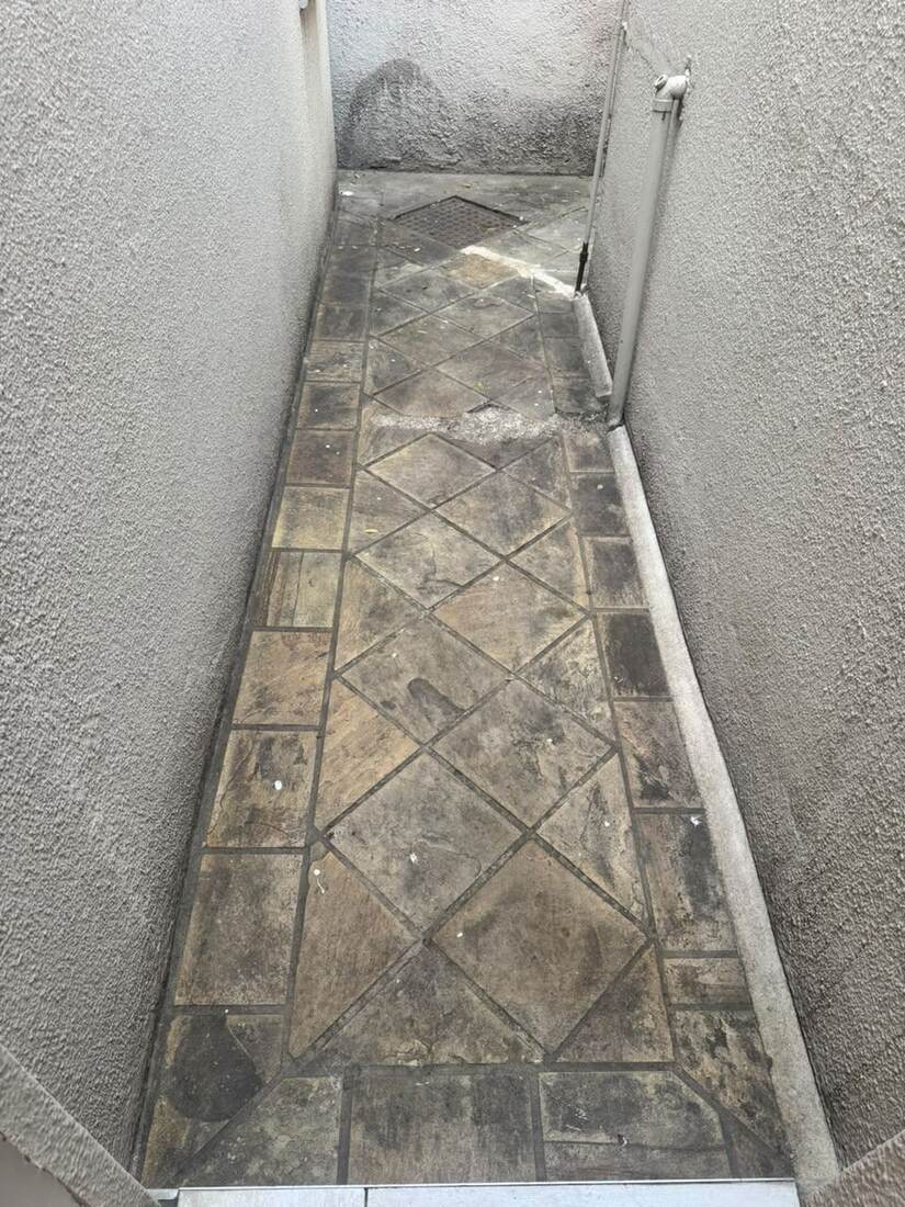Slate walkway before cleaning, appearing dark and stained